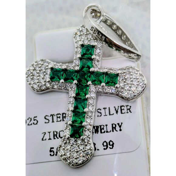 Moissanite Other - Brand New Green Emerald Moissanite Cross Pendant 925 Silver iced Unisex